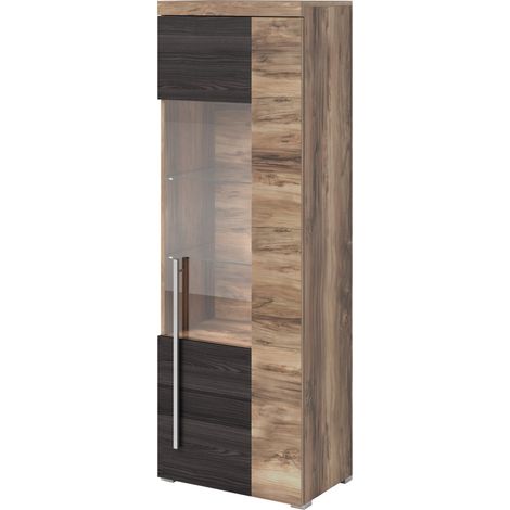 Vitrine 1 Tür links BRAZZA – Öffnung rechts – 5 Fächer – Glasfront Nussbaum Satin