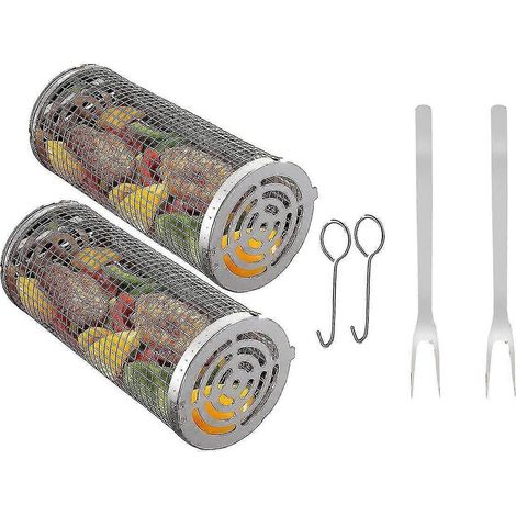 Lot de 2 paniers à griller à roulettes pour barbecue en extérieur, panier cylindrique pour barbecue. (1/5)