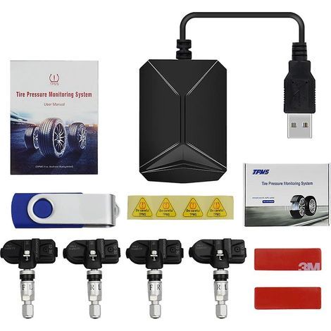 TPMS car tire pressure monitoring system, compatible with Android and via USB, with 4 external sensors, monitoring alarm up to 116 psi, 5V wireless transmission (sensor) (1/5)