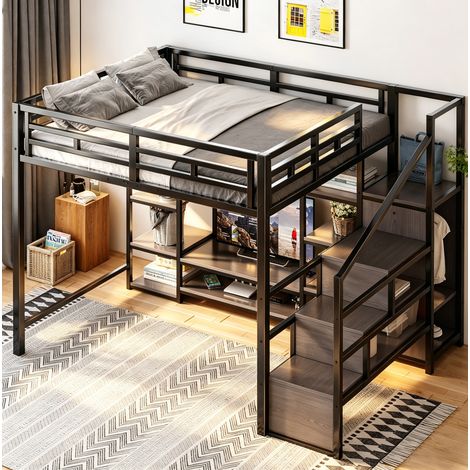 lit adulte mezzanine rangement 140x200 métal noir OKMYHOME (1/5)