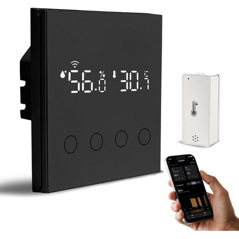 Interrupteur Connecté Mural Tactile Intelligent WiFi et Mini Capteur Température d'humidité d'intérieur,Wall Smart Light Switch (Conducteur Neutre Requis) Compatible avec Smart Life/Tuya,4 Voies Noir (1/5)