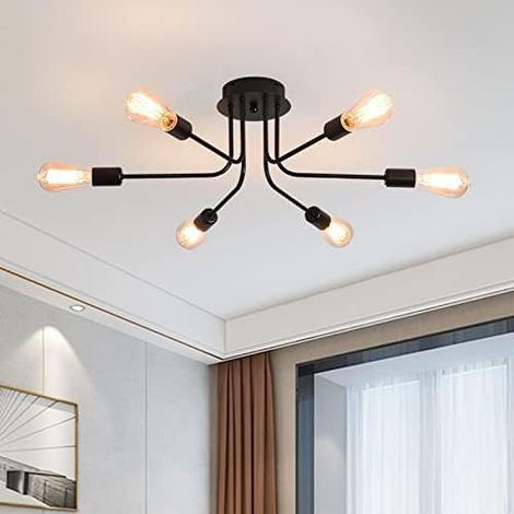 Modern Sputnik Ceiling Light, 6 Lights Rustic Black Semi Flush Mount Chandeliers, Industrial E27 Base Ceiling Lamp Fixture for Farmhouse Living Room Dining Room (1/5)