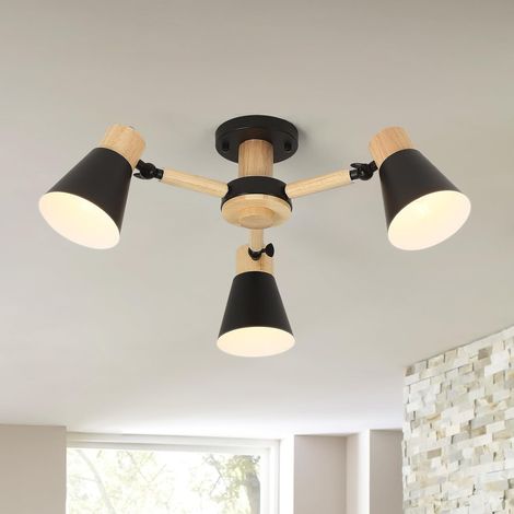 Noir Plafonnier Cuisine 3 Lumières,Bois Et Fer Luminaires Intérieur Lampe À Bras Léger Réglable Lustre Salon E27 Ø55Cm Moderne Abat Jour Plafond Pour Chambre Maison (1/5)