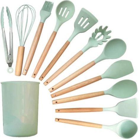 Ensemble de 11 pièces d'ustensiles de cuisine en silicone - vert clair - un manche en bois - comprenant un support - une spatule - une cuillère - une pince (1/5)