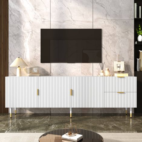 Meuble TV 170 cm, 3 portes et 2 tiroirs avec passe-câbles, en MDF et panneaux de particules, pour salon, Blanc (1/5)