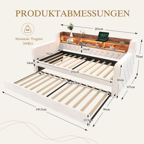Canapé-lit compact beige 90x190 cm, velours avec coffre de rangement intégré, éclairage LED et port USB-C, 12 lattes et structure métal-bois solide – Idéal pour chambre, invités ou ado. (1/4)