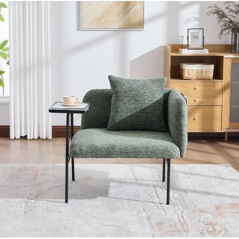 Poltrona in ciniglia smeraldo con tavolino laterale, tasche portaoggetti e gambe in metallo 86x72x71 cm (1/5)