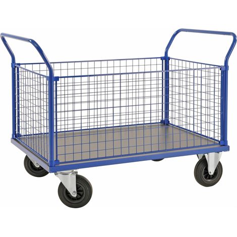 Kongamek Kastenwagen in blau 1366x800x1020mm mit MDF-Platte und 4 Gitterwänden mit Gummibereifung ohne Bremse (1/3)
