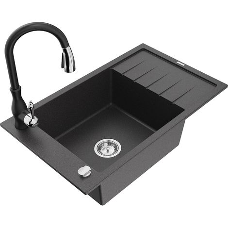Mexen Elias fregadero de granito de 1 compartimento con escurridor y grifo de cocina Savita, negro moteado - 6511-76-672601-70 (1/5)