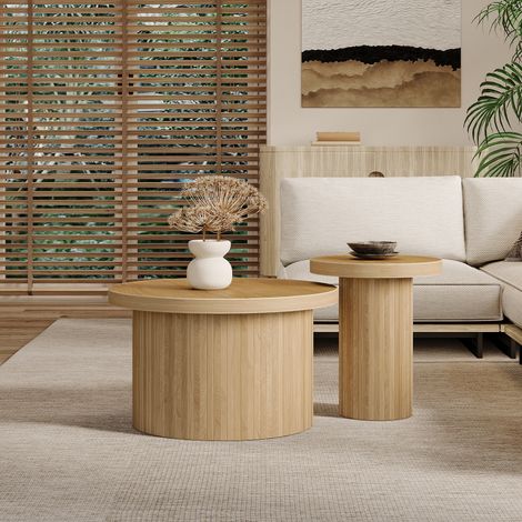 DESMIU Tables Basses Gigognes Rondes avec 2 Plateaux et Structure à Lattes pour Salon en MDF Naturel (1/5)