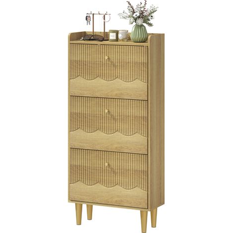 Meuble à chaussures 18 paires, armoire à chaussures étroite, 3 tiroirs rabattables étagères réglables, 60x24x128cm, chêne, rangement design, salon et bureau (1/5)