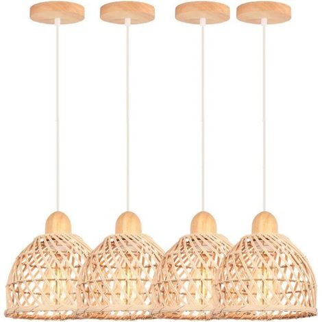 4pcs Rétro Suspension Luminaire en Bois et Bambou Plafonnier Industriel E27 Lustre Abat-Jour Design Spirale Cage,20cm (1/5)