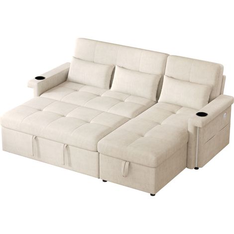 Canapé d'Angle Convertible 2-3 Places en Chenille avec LED, Dossier Réglable, Porte-Gobelets et USB, Beige (1/5)