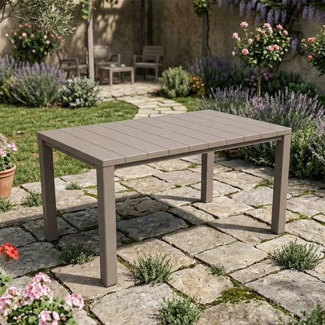 Dmora - Tavolo da esterno Quiliano, Base per picnic, Piano da pranzo da giardino, Banco outdoor multiuso, 147x90 h75 cm, Tortora (1/5)