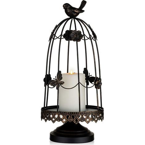 Portavelas decorativo con forma de jaula de pájaros para decoración antigua, ideal para velas en macetas, arreglos florales, guirnaldas para fiestas y centros de mesa de boda. Color negro, 38 cm. (1/5)