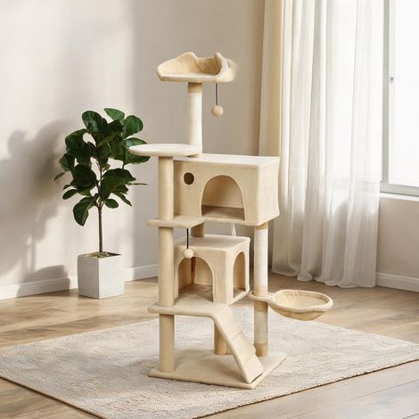 Arbre à chat beige 140 cm avec hamac échelle et sisal (1/5)
