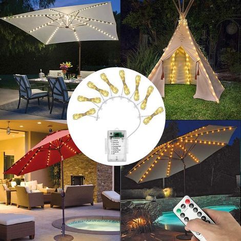 Guirlande Lumineuse Parapluie, Éclairage Parasol 104 LED, Guirlande Lumineuse Parasol 8 Modes aveCôtélécommande pour Tentes de Camping Jardin Balcon Extérieur [Classe énergétique A +++]- (1/5)