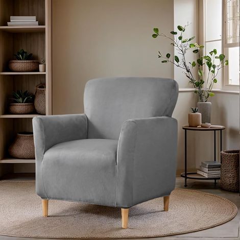 Housse de fauteuil luxueuse en velours avec accoudoirs, extensible et antidérapante, idéale pour le salon et les animaux (gris) (1/4)