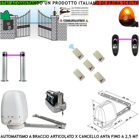 Automatismo Cancello Kit Motore a Braccio Articolato 220/24 V Anta da 0,5 a 2,5 MT Centrale 5 Radiocomandi Faro Selettore 2 Paline 2 Fotocellule (1/4)