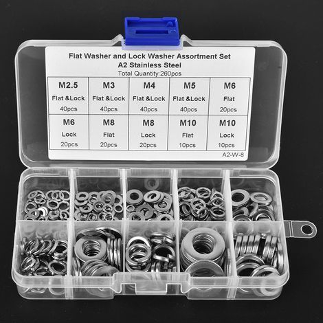 Rondelle plate et ressort en acier inoxydable, lot de 260 pièces, tailles M2.5 M3 M4 M5 M6 M8 M10, assortiment pour bricolage et fixation. (1/5)