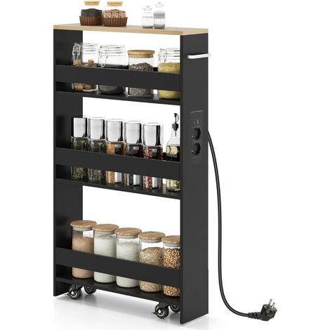 Pour les petits espaces, chariot de rangement étroit avec station de charge latérale et 4 niveaux, noir (1/2)