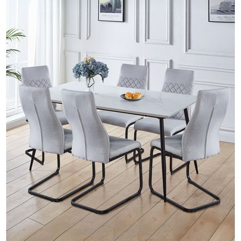 Hallowood Furniture Cullompton Large Dining Table and Chairs Set 6, White Marble Effect Top and Black Metal Legs Kitchen Table and Light Grey Fabric High Leather Kitchen Chairs, Dining Room Sets