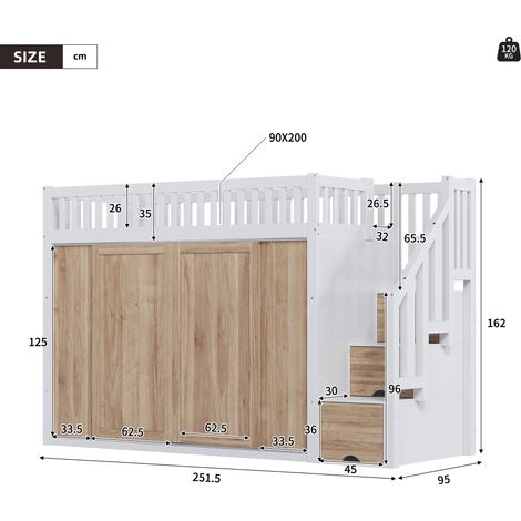 Lit enfant 90x200, lit superposé multifonction avec rangement, échelle et éclairage LED, sans matelas, blanc et chêne (1/5)