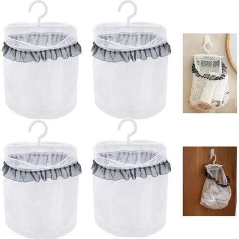 Set di 4 sacchetti portaoggetti a rete da parete, 24,5x22 cm, con bordo in pizzo bianco. (1/5)