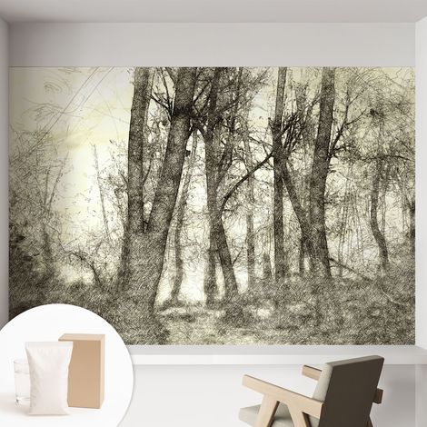 Papier peint intissé mural avec imprimé motifs décoratifs - style contemporain - Colle incluse gratuite Mélancolie forestière 152x104 cm (1/5)