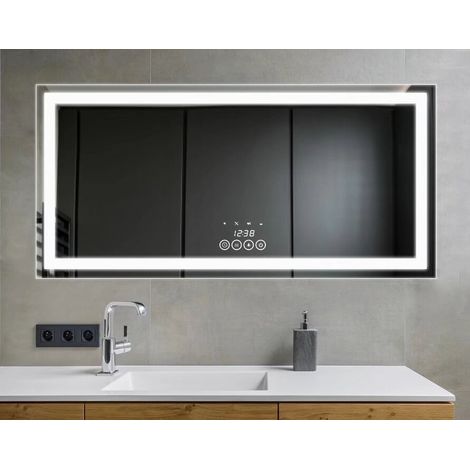 70x90cm Miroir Salle de Bain avec Eclairage LED,Miroir Mural Cosmétique Lumineux avec Interrupteur Tactile,Affichage d'Heure,Simulation de Scène（Version horizontale,version 2.2） GROOFOO