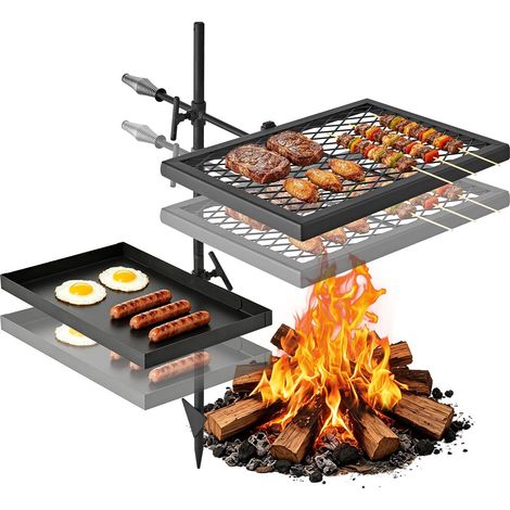 Grille de Feu de Camp Pivotante Gril de Camping sur Piquet 2 Niveaux, Matériel de Barbecue pour Feu de Bois BBQ, Grille de Cuisson Supérieure et Plateau Inférieur, En Acier, Réglable en Hauteur (1/5)