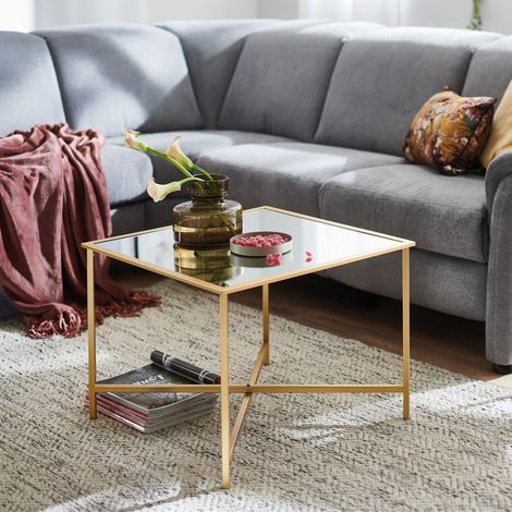 Table d'appoint carrée 60x45 cm avec plateau en miroir et métal doré