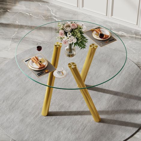 Table de salle à manger ronde de 89 cm en verre trempé avec des pieds robustes en métal doré, de haute qualité pour une utilisation à long terme (1/5)