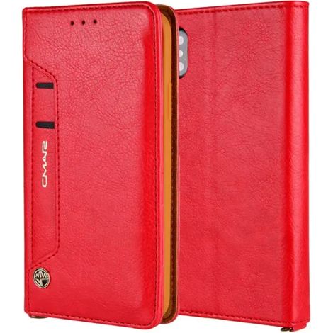 (Rouge, iPhone 14 Pro Max) Étui portefeuille magnétique à rabat avec porte-cartes, étui de protection en cuir antichoc (1/4)
