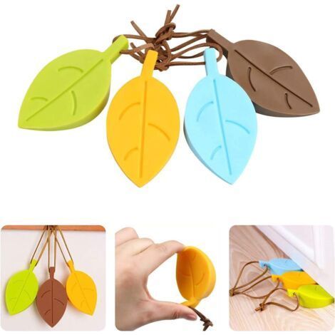 Silicone Porte Stopper, 4 Pcs Feuilles Style Dessin Animé Flexible Coin Fenêtre/Porte Arrêts avec Lanière pour Jardin de Bureau à Domicile (1/5)