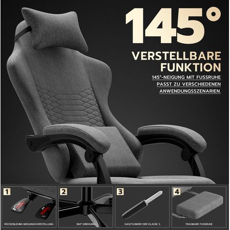 Chaise de bureau gaming ergonomique en tissu, avec repose-pieds et dossier inclinable, gris HAVRYA (1/5)