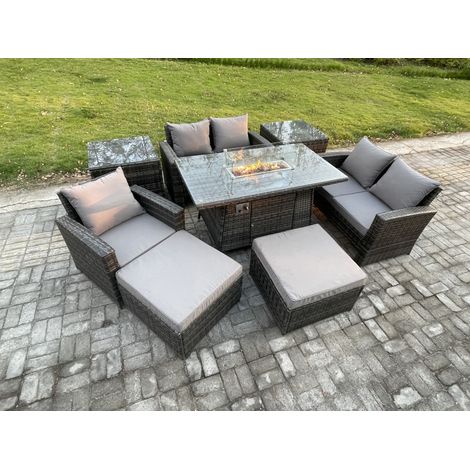 Fimous 7-Sitzer Rattan Gartenmöbel im Freien Gas Feuerstelle Tisch Sets Gasheizgerät mit Liebes-Sofa Stuhl 2 Großer Fußhocker 2 Beistelltische Dunkelgrau Gemischt (1/5)