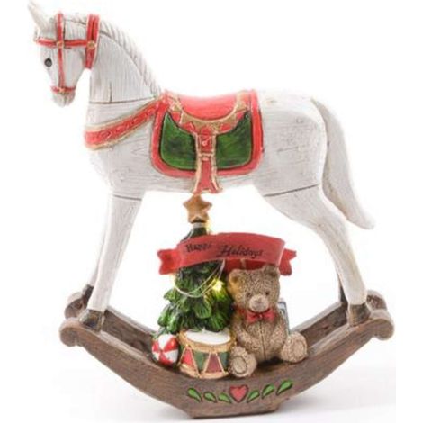Statuetta Cavallo a dondolo effetto legno con colori natalizi in resina -Grande (1/4)