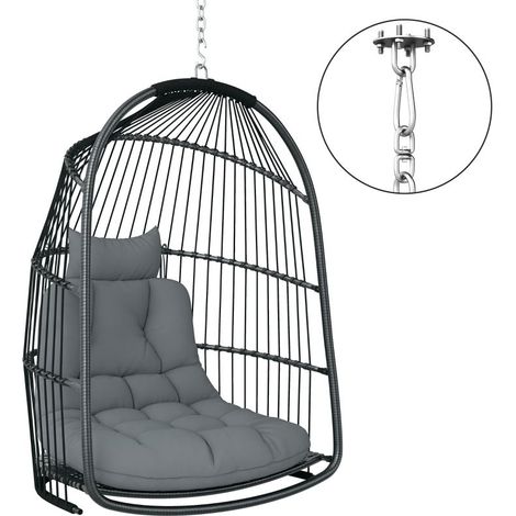 Hamac suspendu en polyrattan avec coussin pliable pour intérieur et extérieur, capacité jusqu'à 150 kg, gris foncé (1/5)