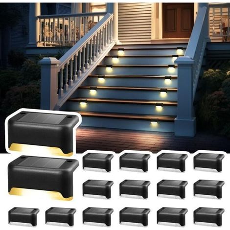 Lot de 16 lampes solaires d'extérieur pour escalier - Étanche - Éclairage LED pour escalier extérieur, marches, clôture, cour, terrasse, gouttière, chemin, décoration, noir blanc chaud [Classe énergét (1/4)