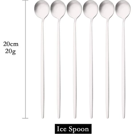 (Argent, 6 pièces) Cuillères à long manche mates pour remuer les boissons, couverts en acier inoxydable