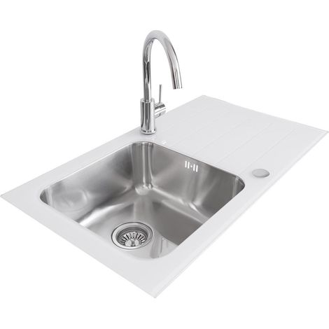 Aquariss 1.0 Single Bowl 860 x 500mm Glass Inset Kitchen Sink Stainless Steel Reverisble White (1/5)