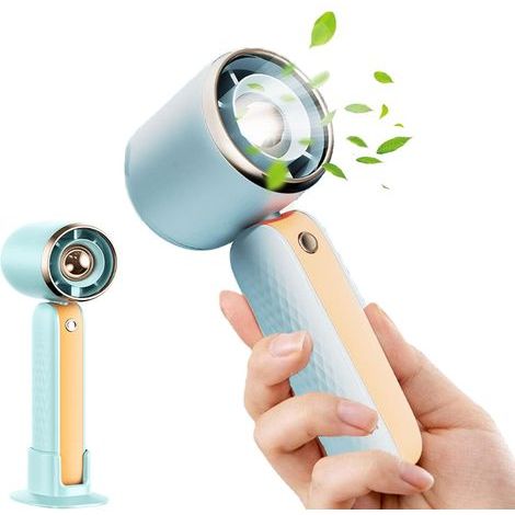 Mini ventilatore da tavolo (blu) con 3 velocità, ricaricabile tramite USB, con display a LED, leggero e con supporto. (1/5)