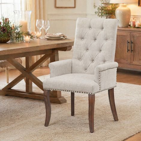 Silla de comedor tapizada chenilla con brazos beige OKMYHOME (1/5)