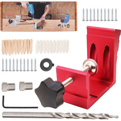 Lot de 46 pièces de gabarit de perçage incliné en alliage d'aluminium robuste et précis, rouge, pour menuiserie. (1/5)