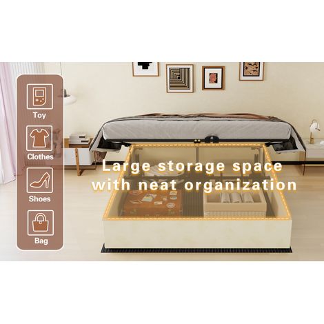 Cama canapé 160x200 cm de tela y metal beige, pistones de gas, con colchón – MEUBLIV (1/5)
