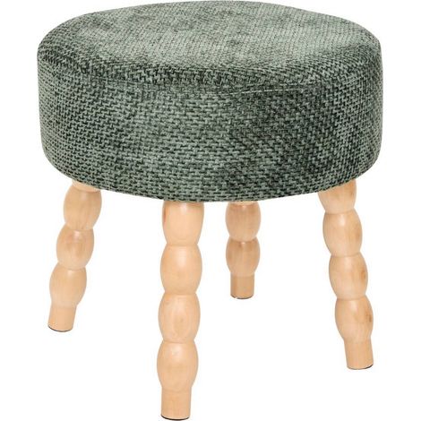 Tabouret rond rembourré tissu vert et pieds en bois - Diamètre 39 x Profondeur 38 x Hauteur 38 cm (1/3)