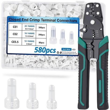 580 Stück Crimp-Anschlussklemmen mit geschlossenem Ende und Crimpzange 22–16, 16–14, 12–10 AWG Kabelendkappen Kabelverbinder mit geschlossenem Ende für Auto (1/5)