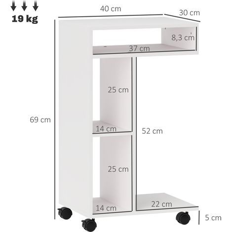 Table roulante blanche avec 4 étagères, bureau mobile, table d'appoint pour canapé, support ordinateur portable, chevet sur roulettes, pour salon et salle à manger (1/5)