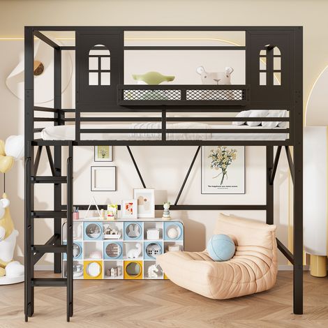 Lit mezzanine 90x200cm - design maison + fenêtres + étagère + échelle - métal - noir (1/5)